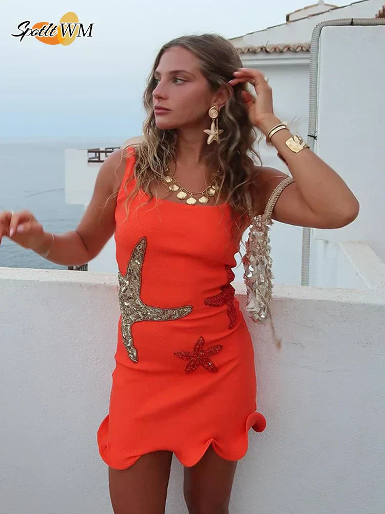 Valenzora | Schickes glänzendes Seestern-Print Mini-Kleid mit Rüschensaum, modisches Bodycon-Kleid, ärmellos, rückenfrei, kurze Vestidos, sommerliche feminine Strandkleider
