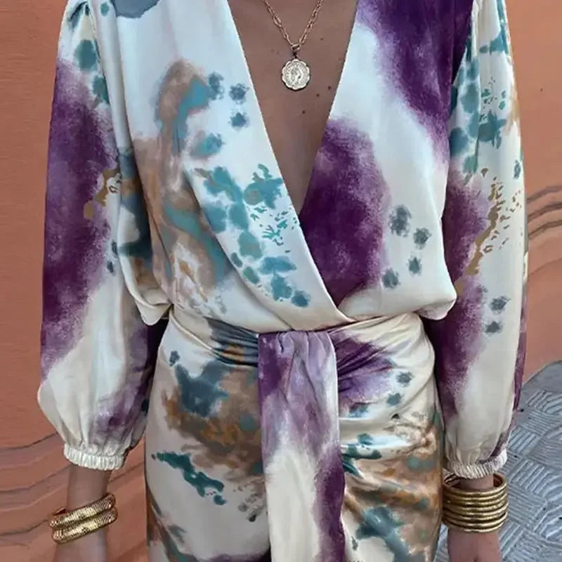 Valenzora | Batik wrap midi dress with puff sleeves