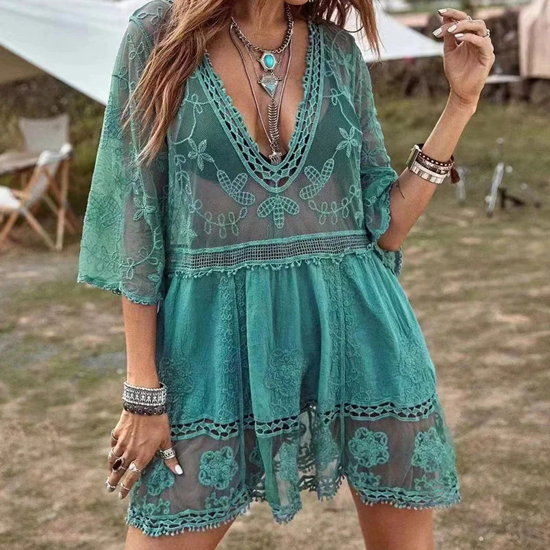 Valenzora | Strandwurf V-Ausschnitt Häkel-Tunika-Kleid