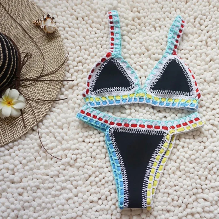 Valenzora | Gestrickter 2-teiliger Bikini-Badeanzug für Damen, Sommer Strandurlaub Bademode, Sexy Triangel-Cup V-Ausschnitt Träger Bademode