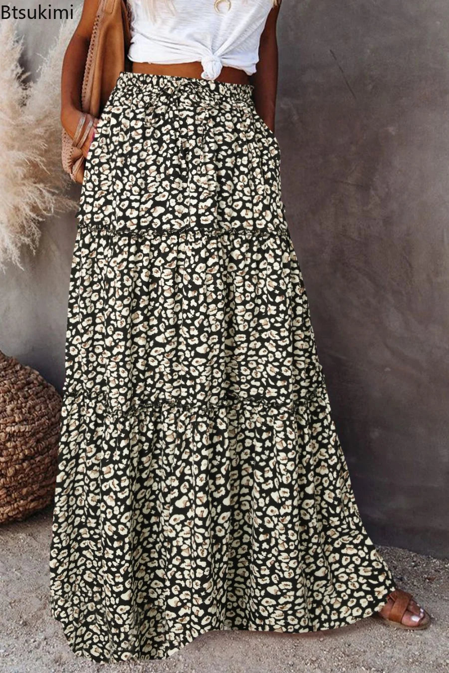 Valenzora | High-waisted long printed A-line skirt floral skirt