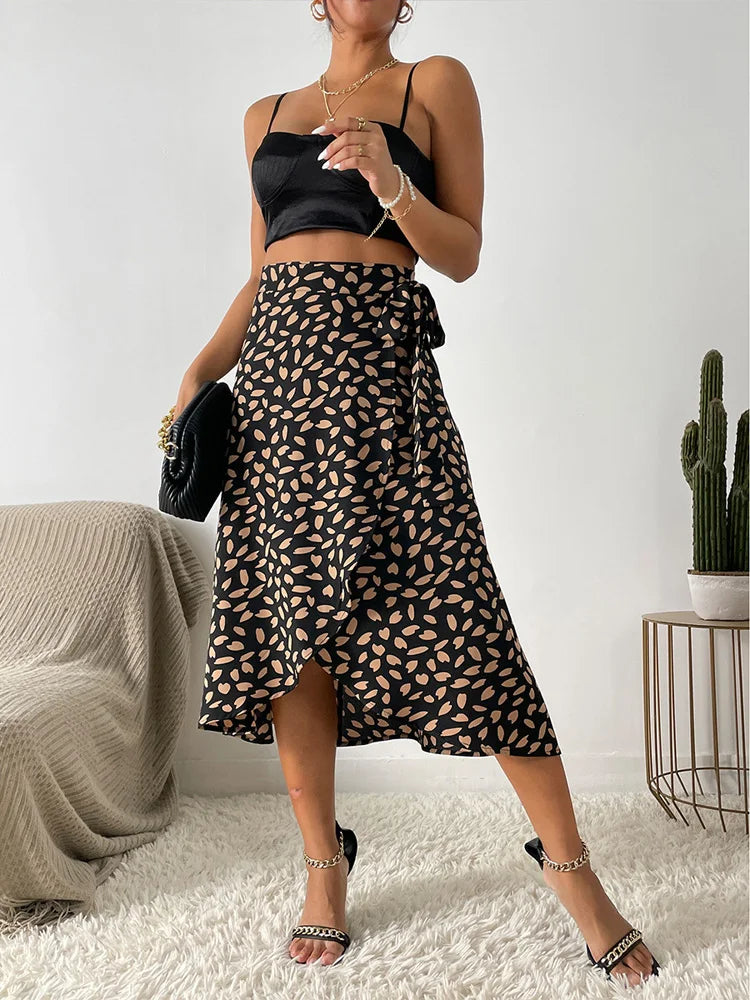 Valenzora Asymmetrical Skirt | Modern printed A-line skirt with tie side and high waist for women