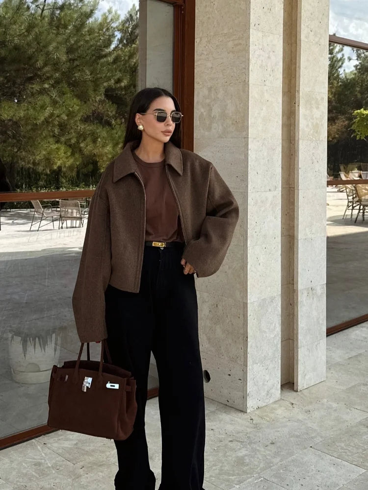 Valenzora | Brown Wool Jacket for Women with Elegant Collar