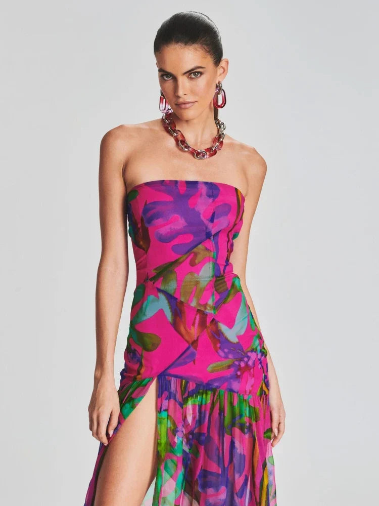 Valenzora | Neues Sommer-Druck-Trägerloses Mesh-Patchwork-Schlitz-Langes Kleid Frauen Sexy Ärmelloses Buntes Bedrucktes Holiday Maxikleid Party