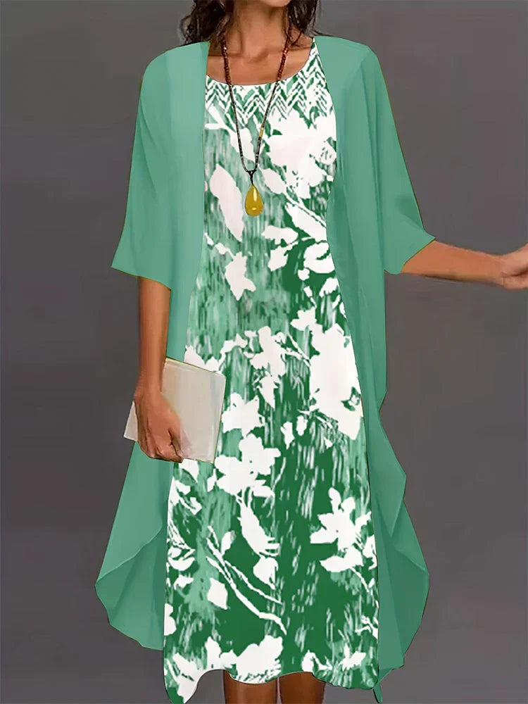 Valenzora | Plus Size Autumn New Women's Floral Pattern Long Dress Printed Pattern Two Piece Dress Round Neck Temperament Elegant Dress