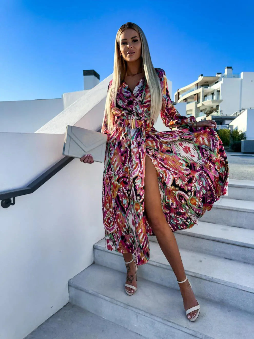 Valenzora | New Printed V-Neck Long Sleeve Dress for Women