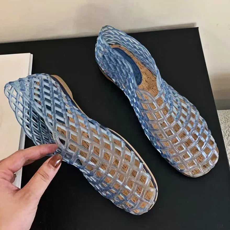 Valenzora | Sommer-Jelly-Schuhe Damenmode Transparente Mesh-Ausschnitt-Strandschuhe Damen Flache Sandalen Farbige runde Zehen-Jelly-Sandalen