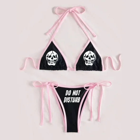 Valenzora | Sexy Goth Bikini Women's Letter Skull Print Swimsuit Split Swimsuit High Waist Gothic Bikini Set Beach Outfits