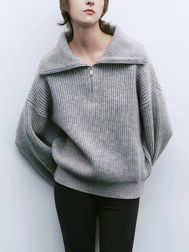 Striped turtleneck women's sweater with zipper
