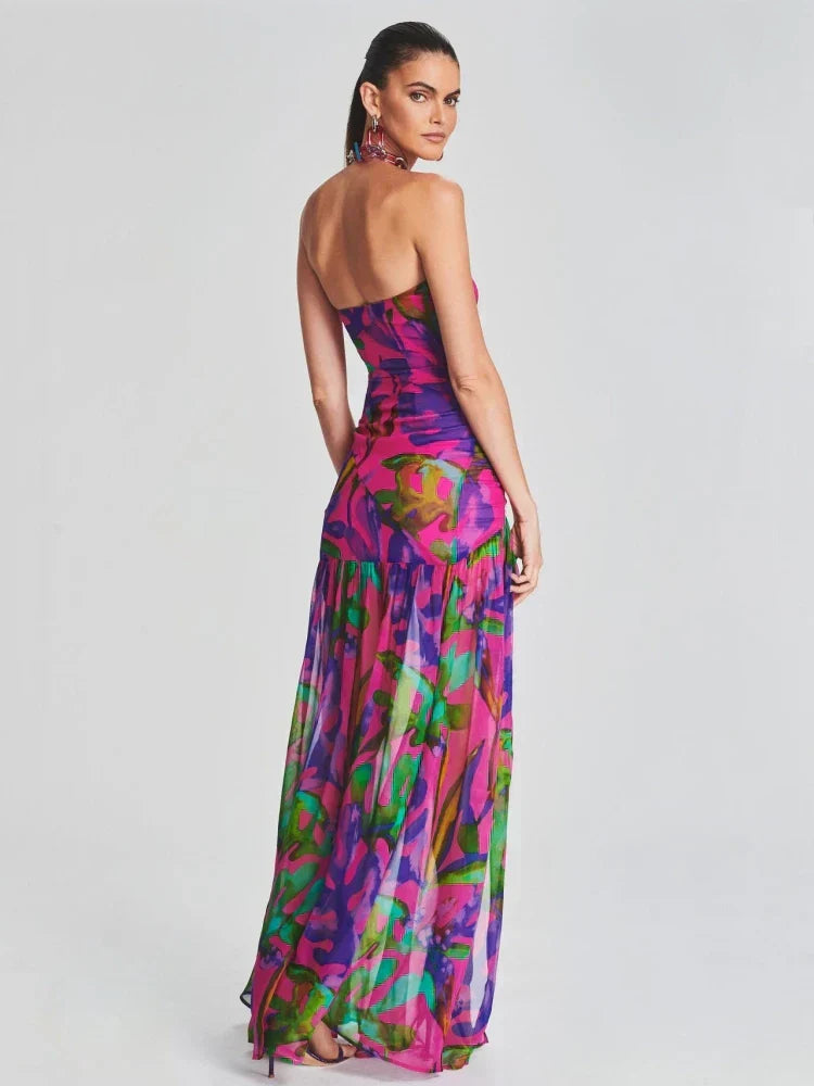 Valenzora | Neues Sommer-Druck-Trägerloses Mesh-Patchwork-Schlitz-Langes Kleid Frauen Sexy Ärmelloses Buntes Bedrucktes Holiday Maxikleid Party