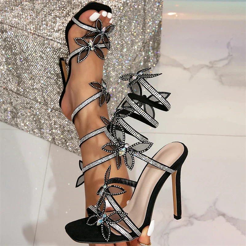 Valenzora | Eilyken Modische Sexy Peep Toe Kristall Schmetterling Knoten Knöchelriemen Sandalen Damen Stiletto High Heels Schuhe Bankett Party Pumps
