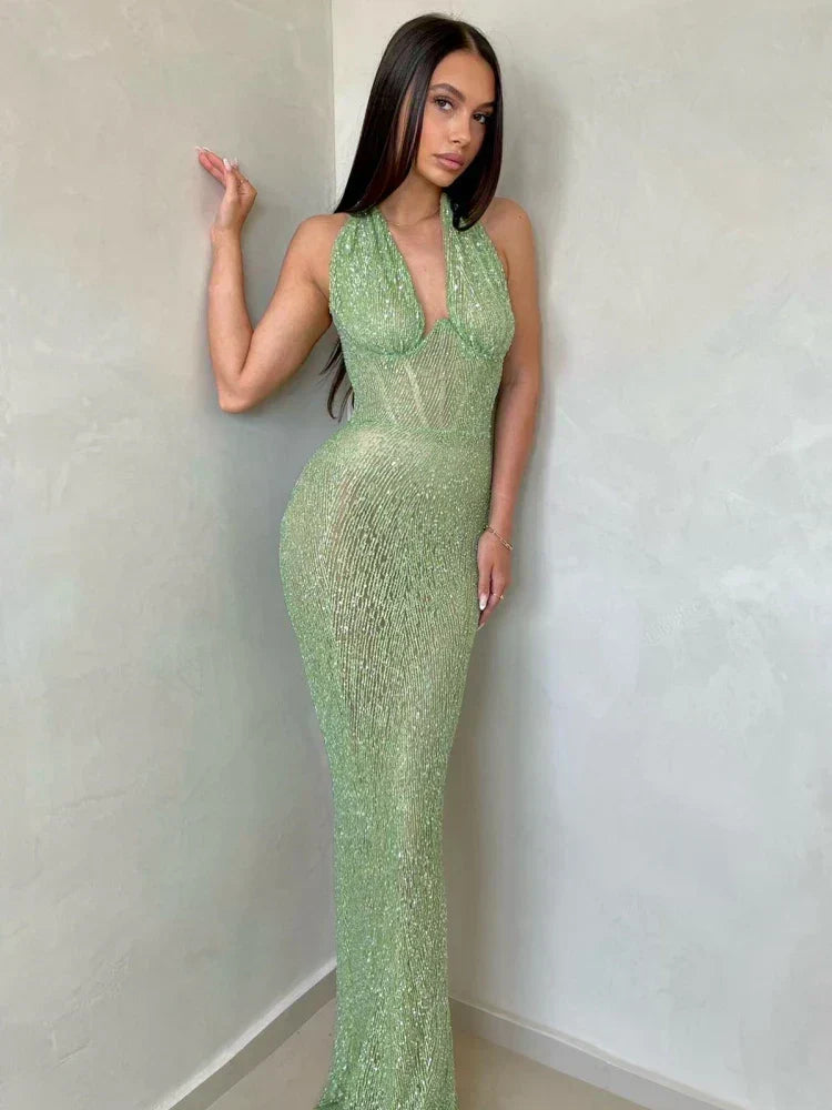 Valenzora | Deep V-neck backless maxi dress