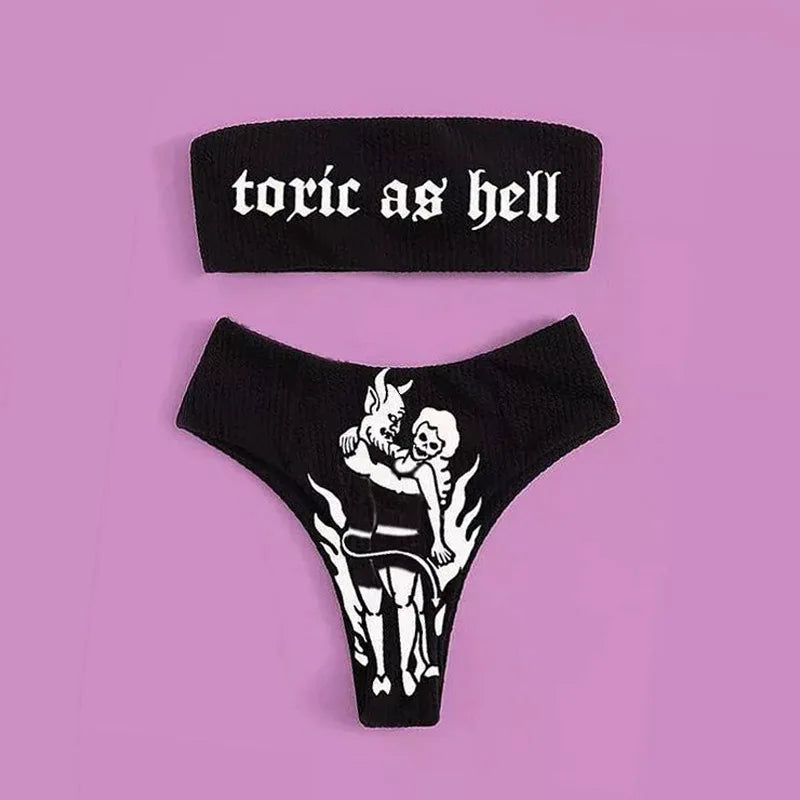 Valenzora | Sexy Goth Bikini Women's Letter Skull Print Swimsuit Split Swimsuit High Waist Gothic Bikini Set Beach Outfits