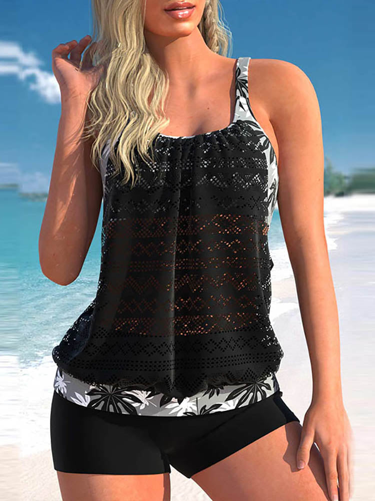 Valenzora | Plus Size Tankini Set with Lace Seam and Leaf Pattern