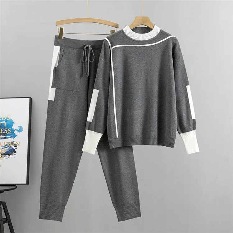 Valenzora | Casual Autumn Knit Patchwork Top and Pants Set for Women