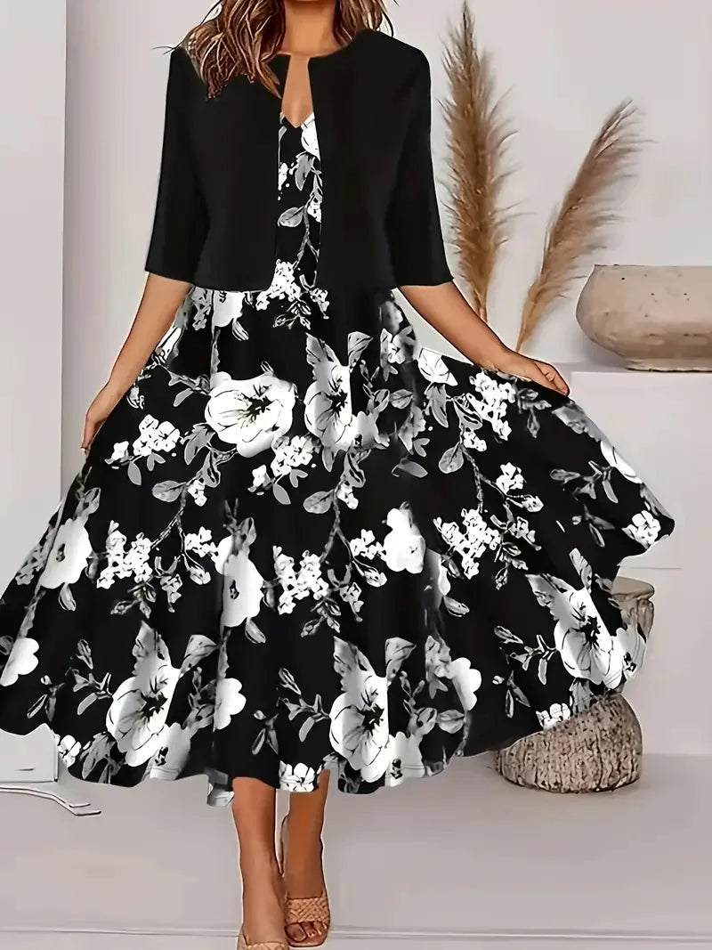 Valenzora | Neu für den Sommer! EU US Herbst Damen 2-teiliges langes Kleid Set Blumen- und Graspunkt Rundhalskleid mit Chiffon Kurzjacke