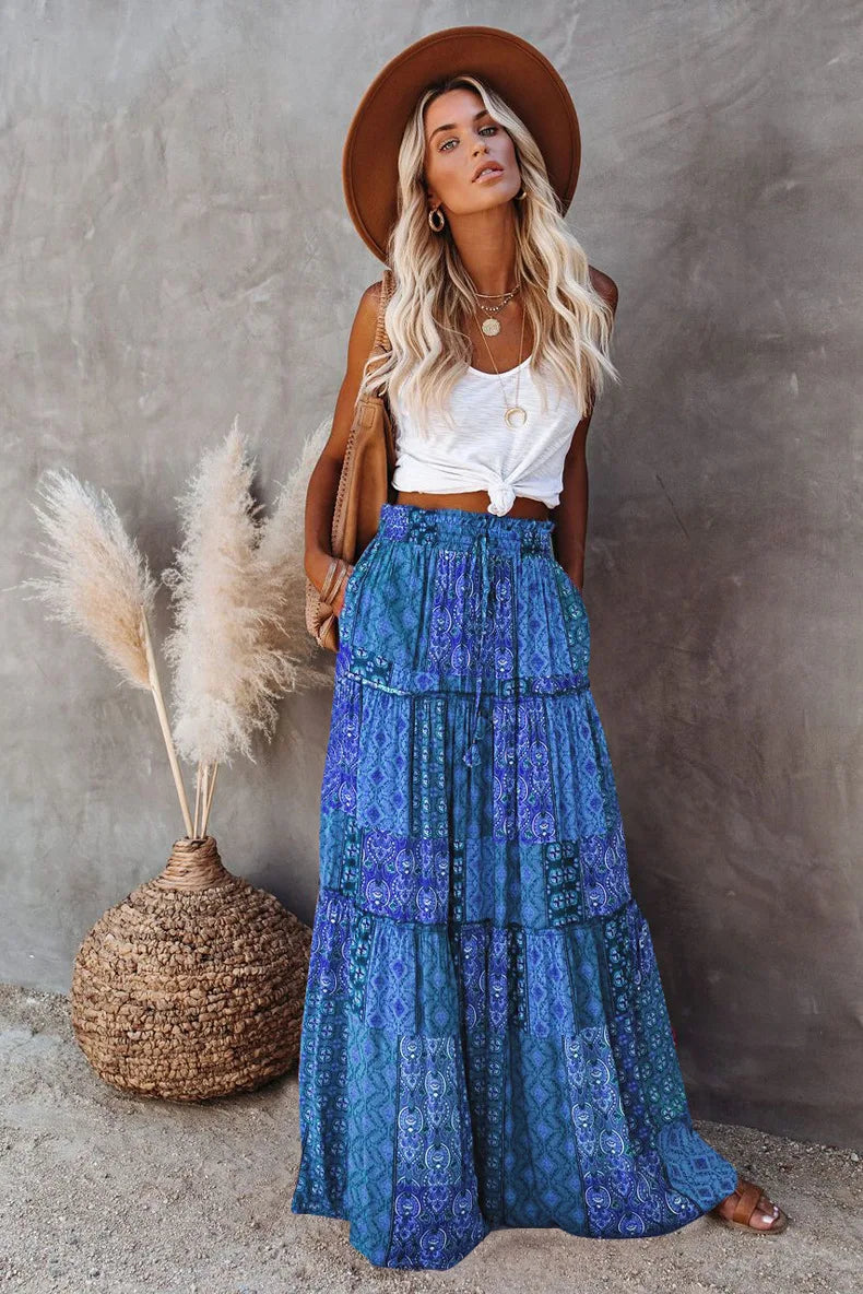 Valenzora | High-waisted long printed A-line skirt floral skirt
