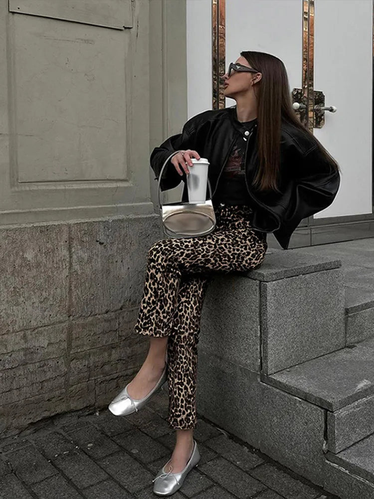 Valenzora Jeans mit Leopardenmuster | Stylische, schmale Streetwear-Hose für Damen im Bleistift-Stil