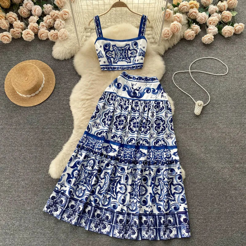 Valenzora Flower Two-Piece Set | Stylish printed top and maxi skirt summer women's set