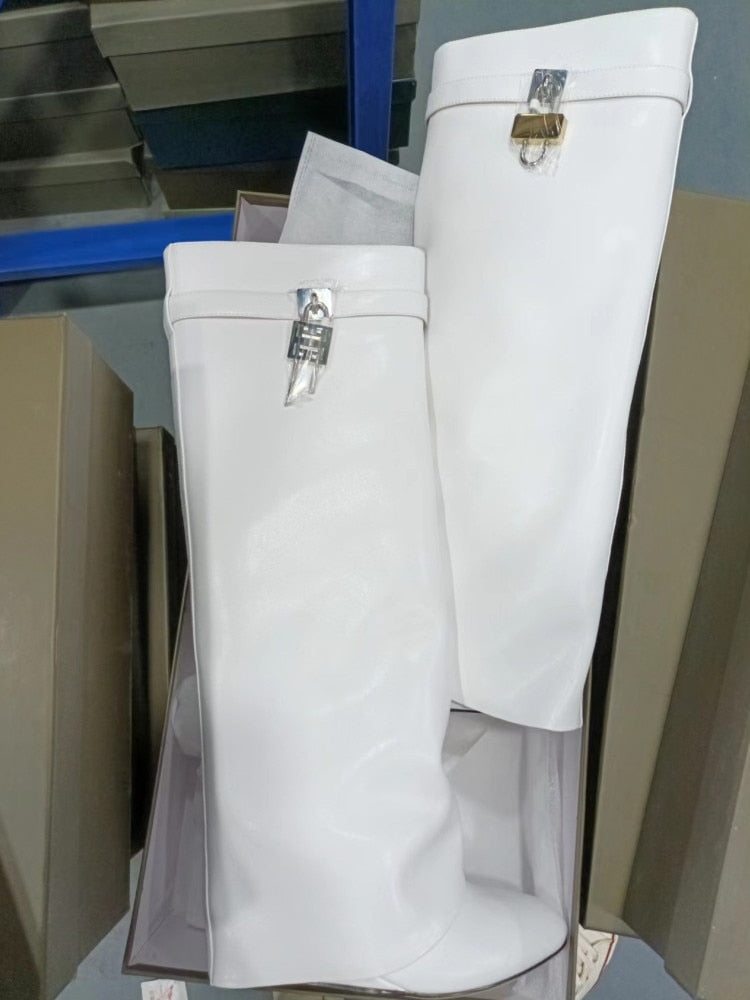 Valenzora | Women's Knee-High Boots Shark Lock Long Thick Soles High Heels Boots Designer Luxury Brand Women's Leather Boots