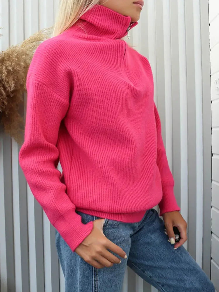 Striped turtleneck women's sweater with zipper