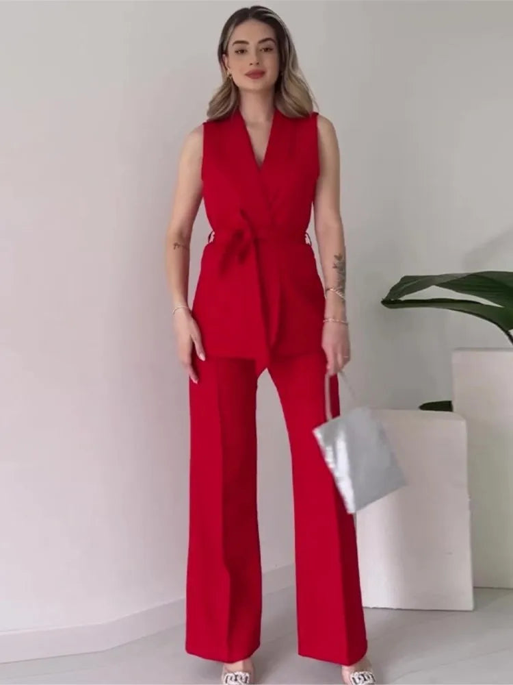 Valenzora | Sleeveless blazer suit, tailored fit, wrap V-neck, wide-leg trousers
