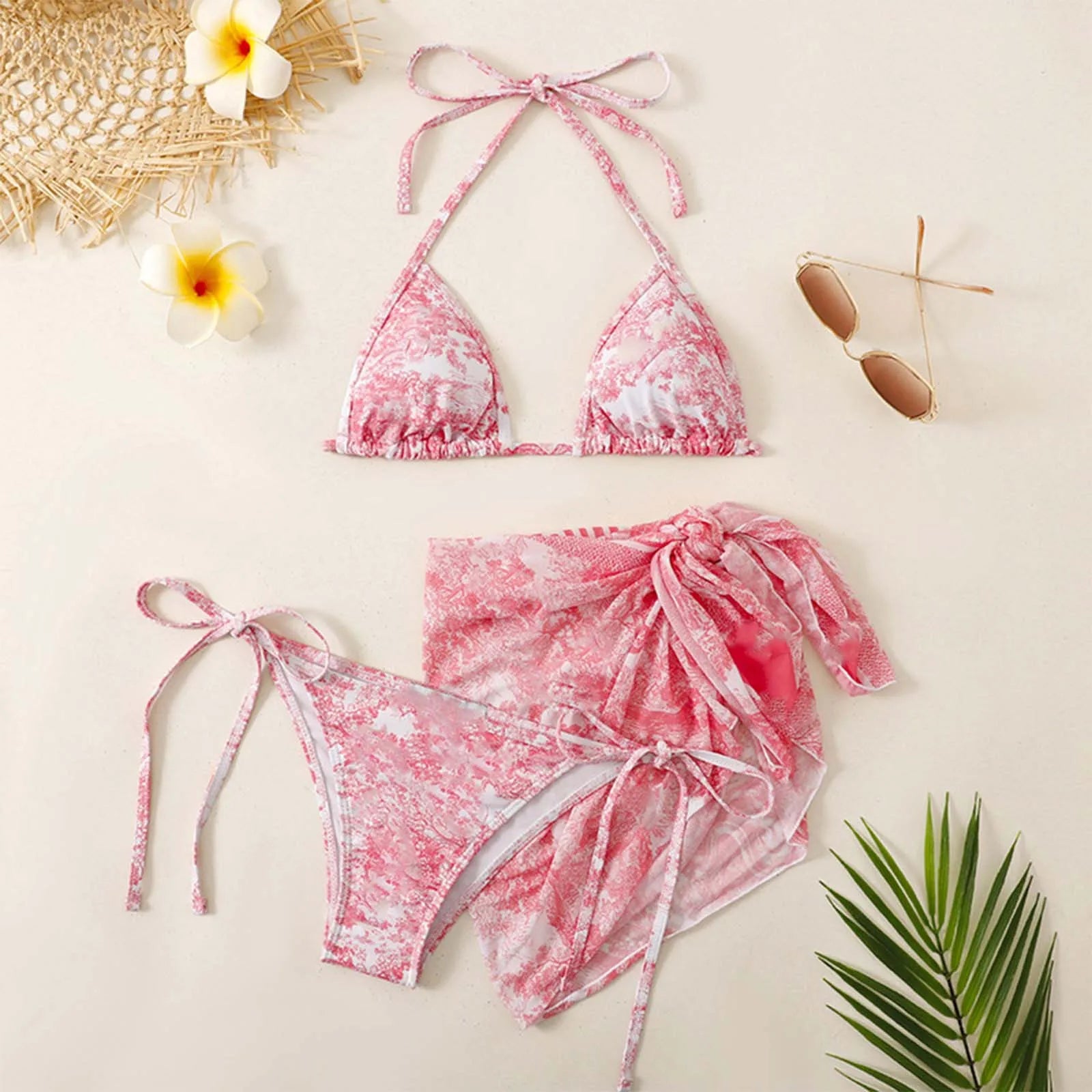 Valenzora | Damen Dreiteilige Bademode Sommer Push-Up High Waist Bikini Set mit Wickelrock Batik-Badeanzug Strandmode