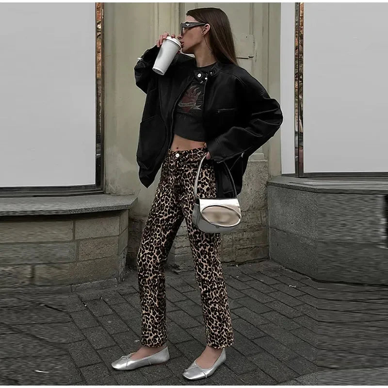 Valenzora Jeans mit Leopardenmuster | Stylische, schmale Streetwear-Hose für Damen im Bleistift-Stil