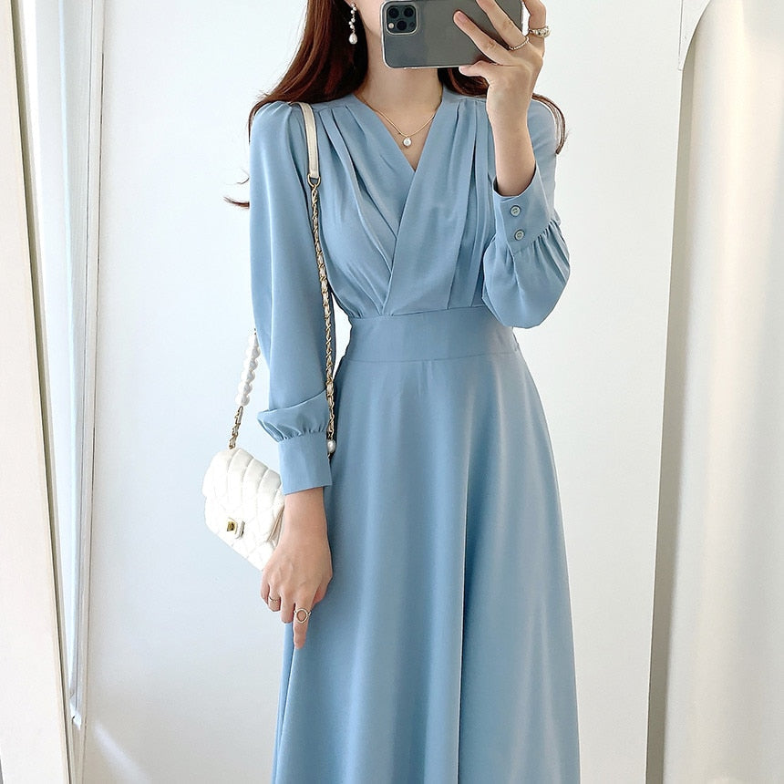 Valenzora V-neck Puff Sleeve A-line Dresses