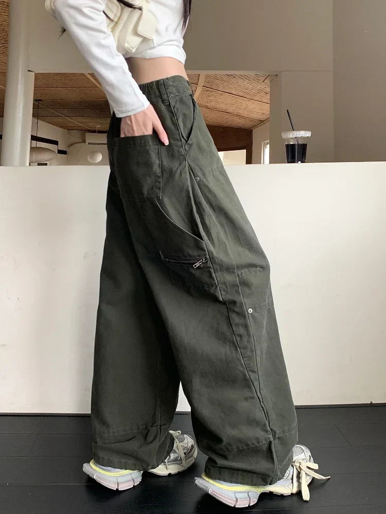 Valenzora | Y2K Streetwear Vintage Green Baggy Jeans Cargo Pants for Women Designer Clothing Wide Leg Casual Women's Trousers
