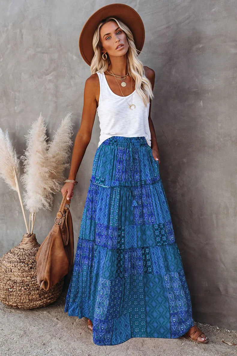 Valenzora | High-waisted long printed A-line skirt floral skirt