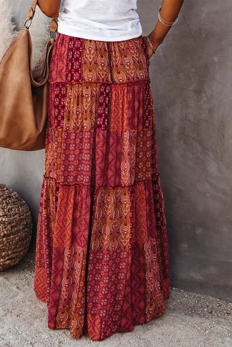 Valenzora | High-waisted long printed A-line skirt floral skirt