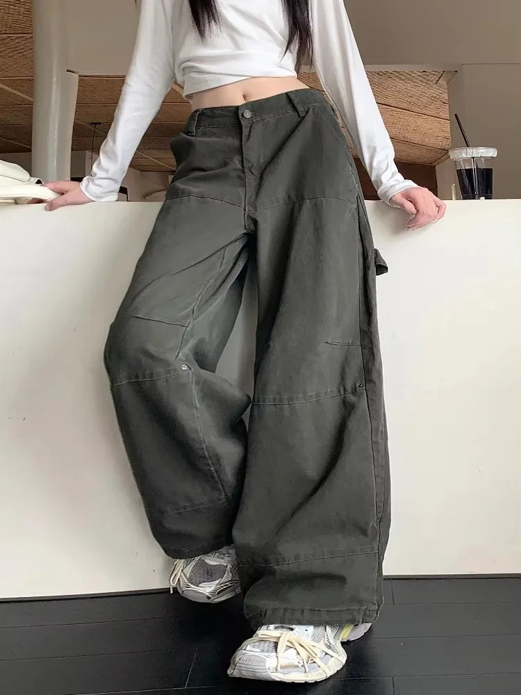 Valenzora | Y2K Streetwear Vintage Green Baggy Jeans Cargo-Hose für Damen Designer-Bekleidung Weite Beine Lässige Damenhose