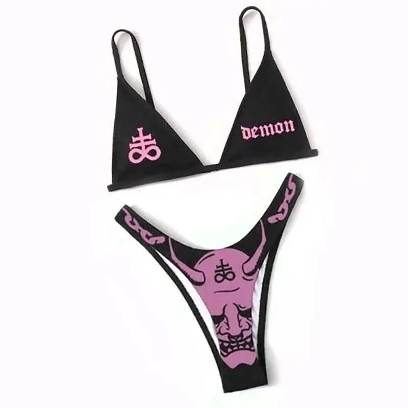 Valenzora | Sexy Goth Bikini Women's Letter Skull Print Swimsuit Split Swimsuit High Waist Gothic Bikini Set Beach Outfits