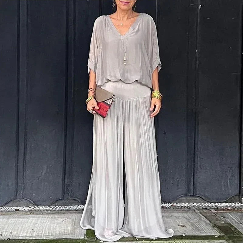 Valenzora | Elegant two-piece set consisting of a chiffon top and wide-leg trousers