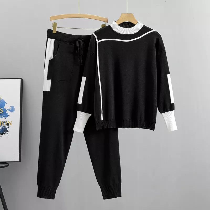 Valenzora | Casual Autumn Knit Patchwork Top and Pants Set for Women