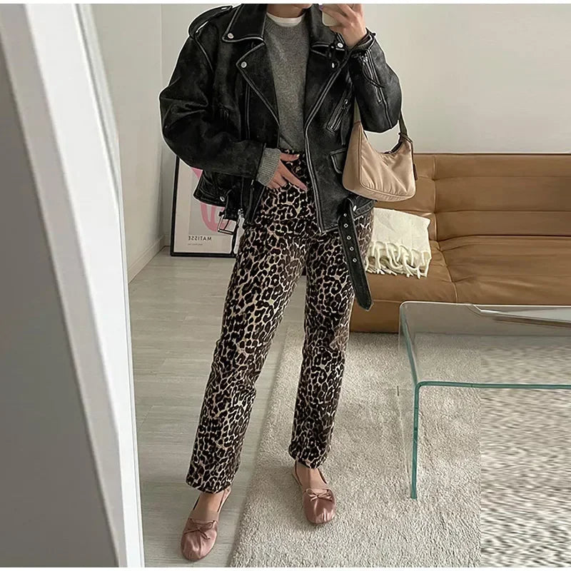 Valenzora Jeans mit Leopardenmuster | Stylische, schmale Streetwear-Hose für Damen im Bleistift-Stil