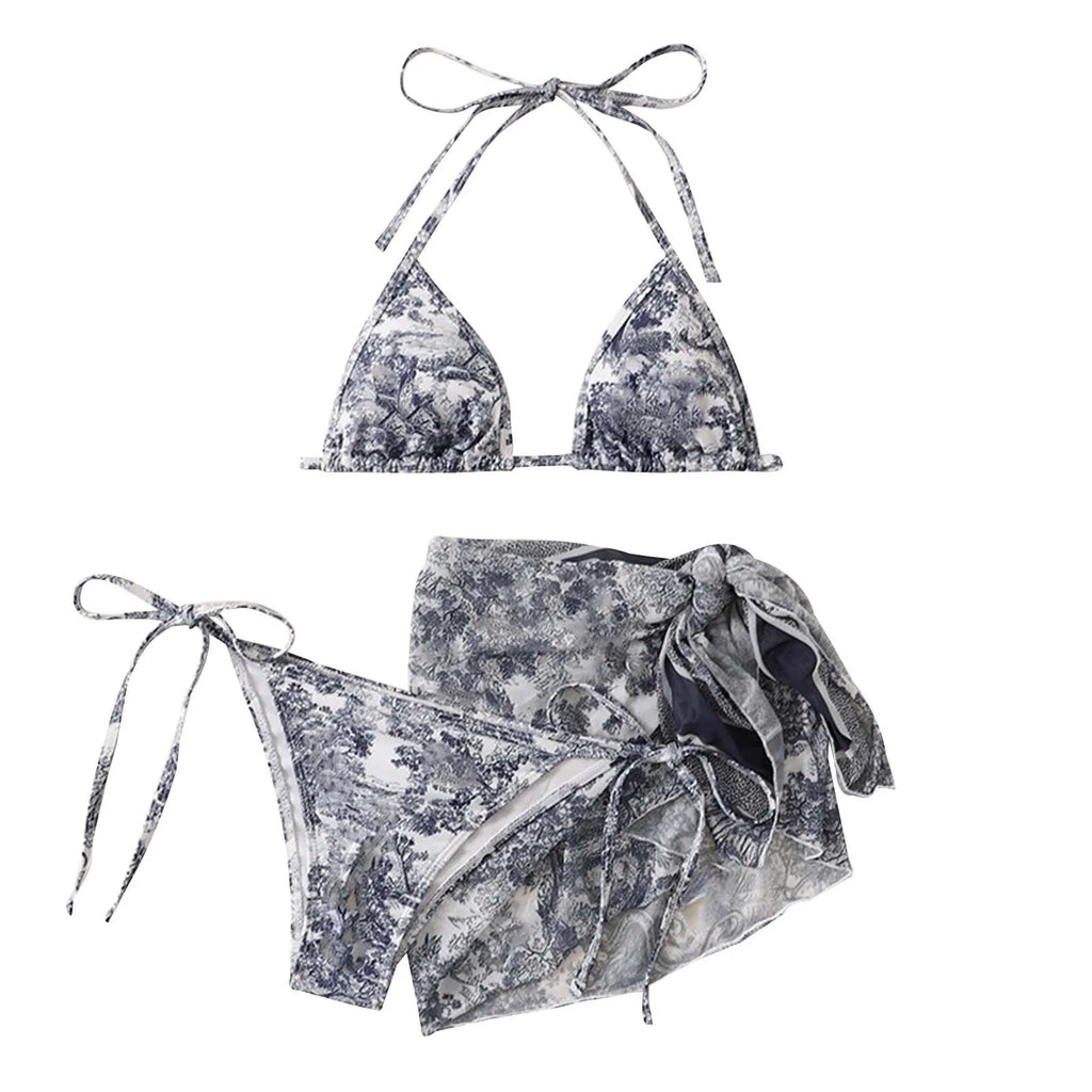 Valenzora | Women's Three-Piece Swimwear Summer Push-Up High Waist Bikini Set with Cover-Up Skirt Tie Dyed Swimming Swimsuit Beachwear
