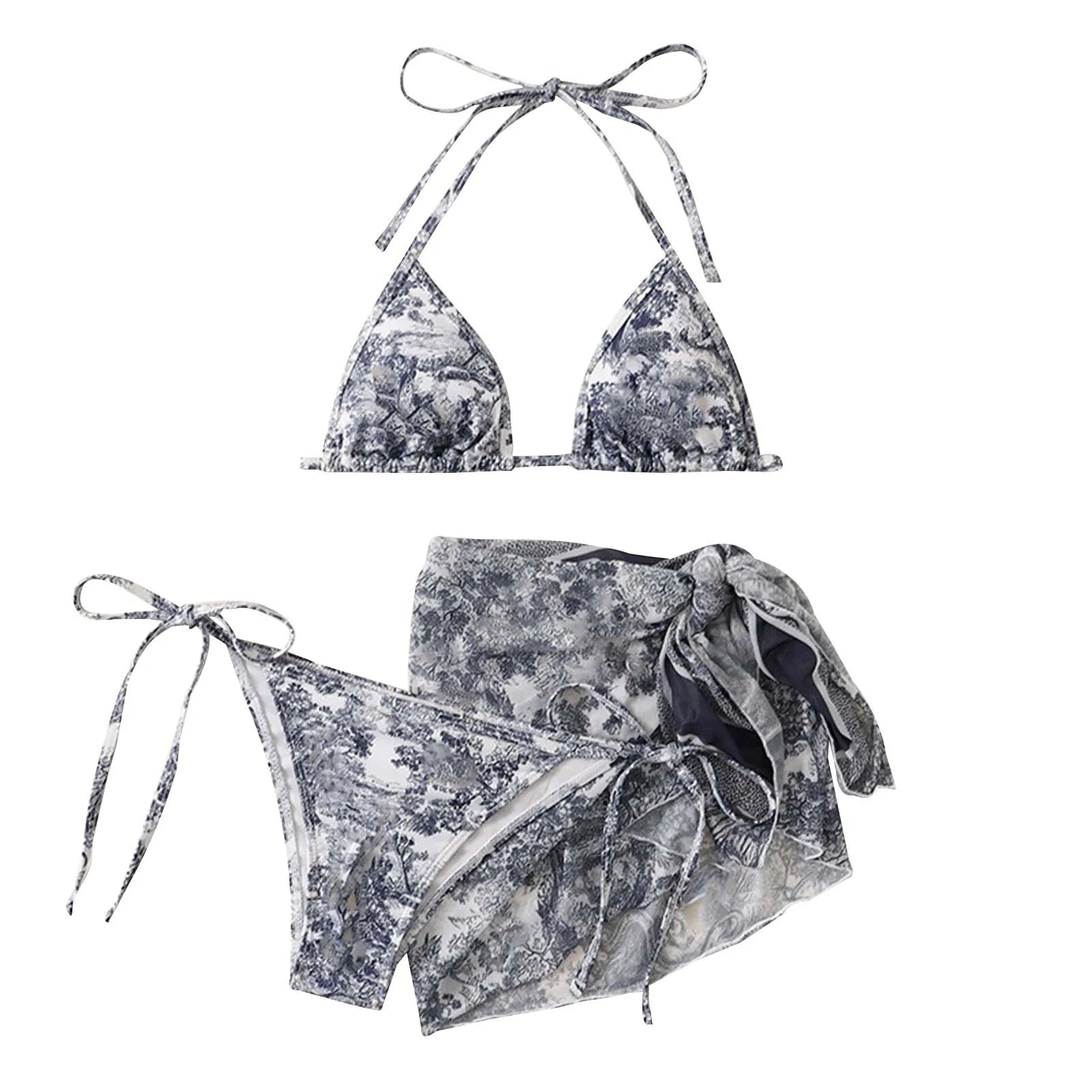 Valenzora | Damen Dreiteilige Bademode Sommer Push-Up High Waist Bikini Set mit Wickelrock Batik-Badeanzug Strandmode