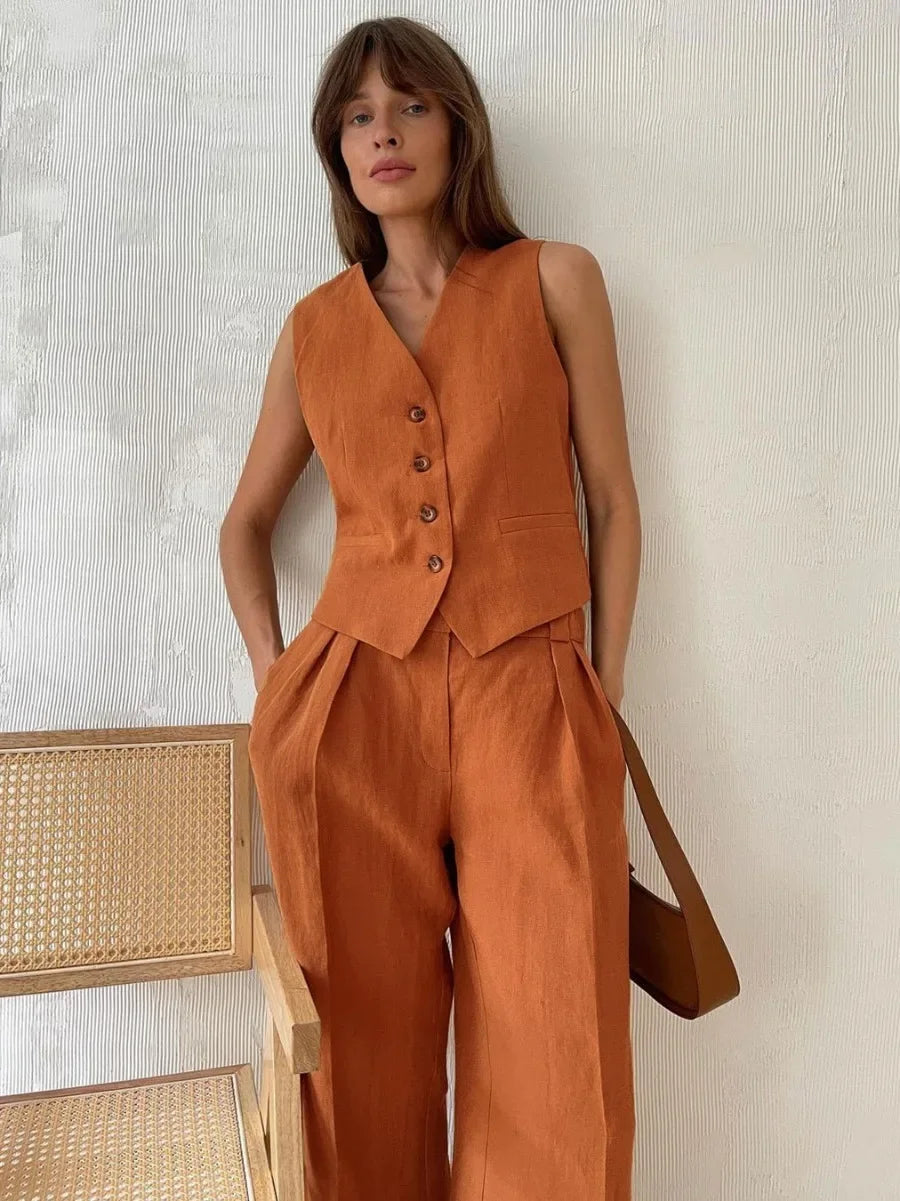 Valenzora | Wool Feeling Women's Linen Cotton Chic Vest & Trousers Set Two-Piece Set Office Women's Summer Chic 2-Piece Set Women's Outfits