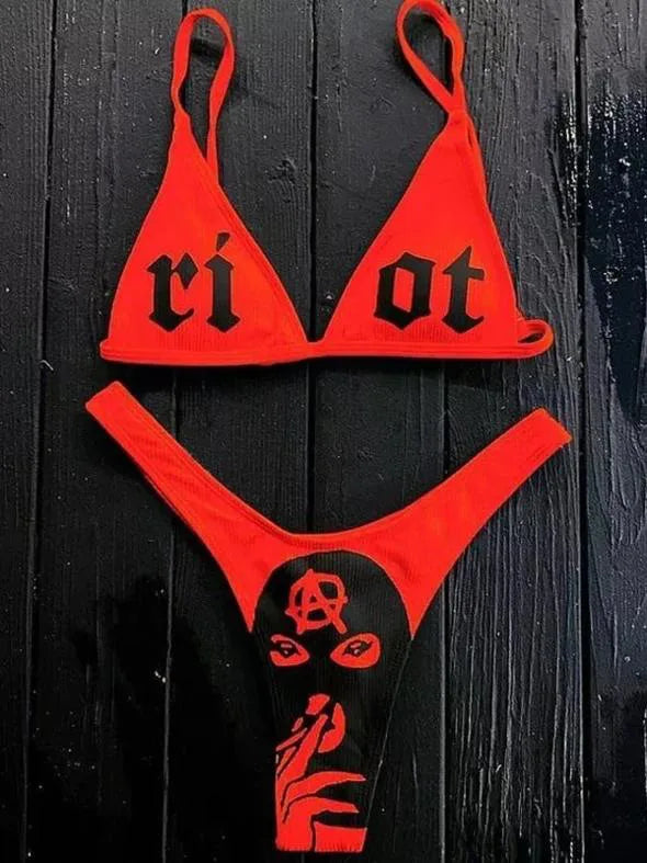 Valenzora | Sexy Goth Bikini Women's Letter Skull Print Swimsuit Split Swimsuit High Waist Gothic Bikini Set Beach Outfits