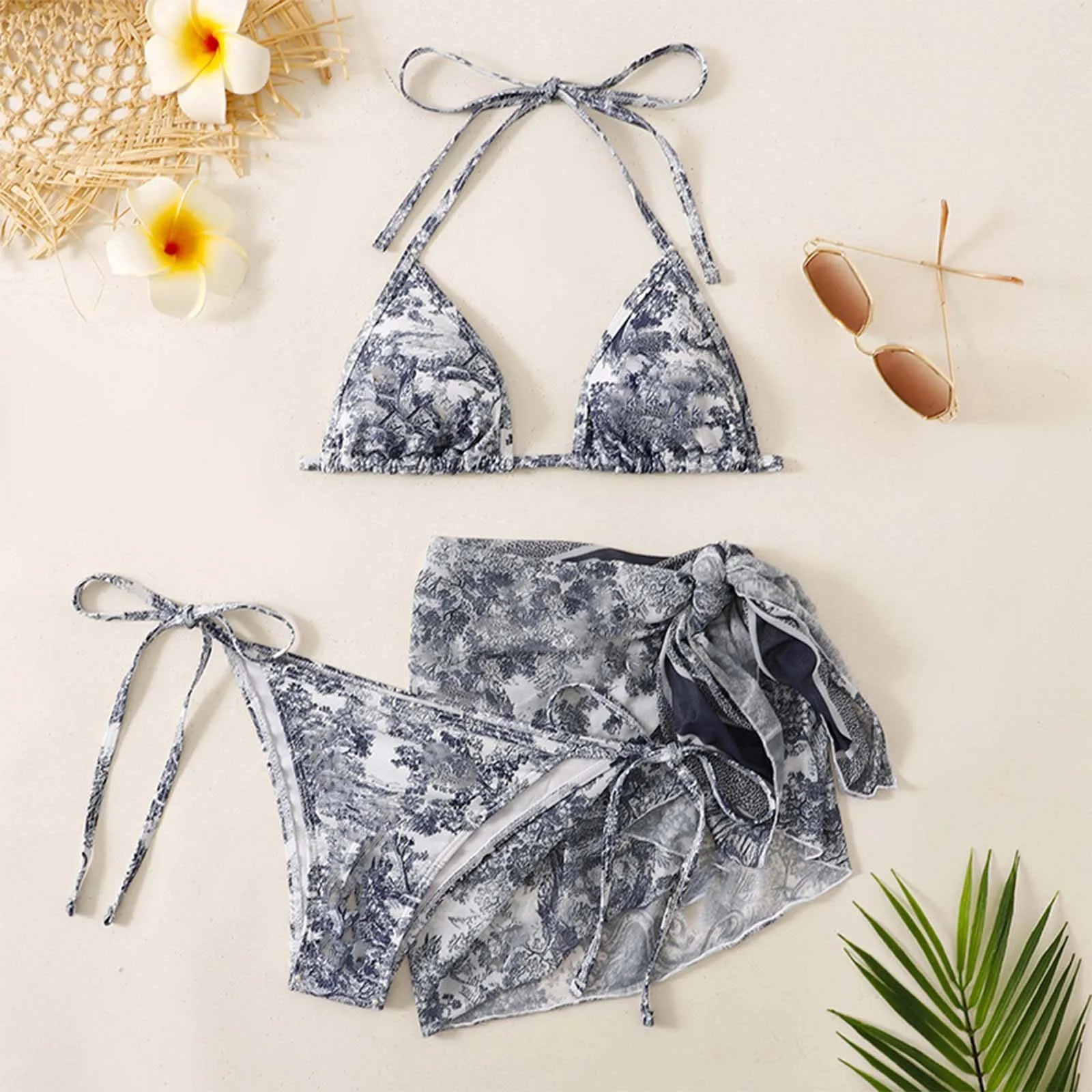 Valenzora | Damen Dreiteilige Bademode Sommer Push-Up High Waist Bikini Set mit Wickelrock Batik-Badeanzug Strandmode