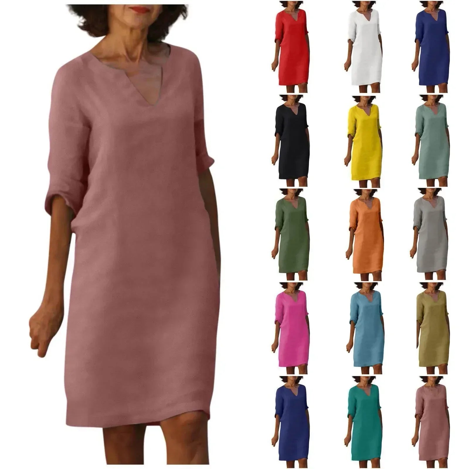 Valenzora | Women's Cotton Linen V-Neck Dress with Half Sleeves