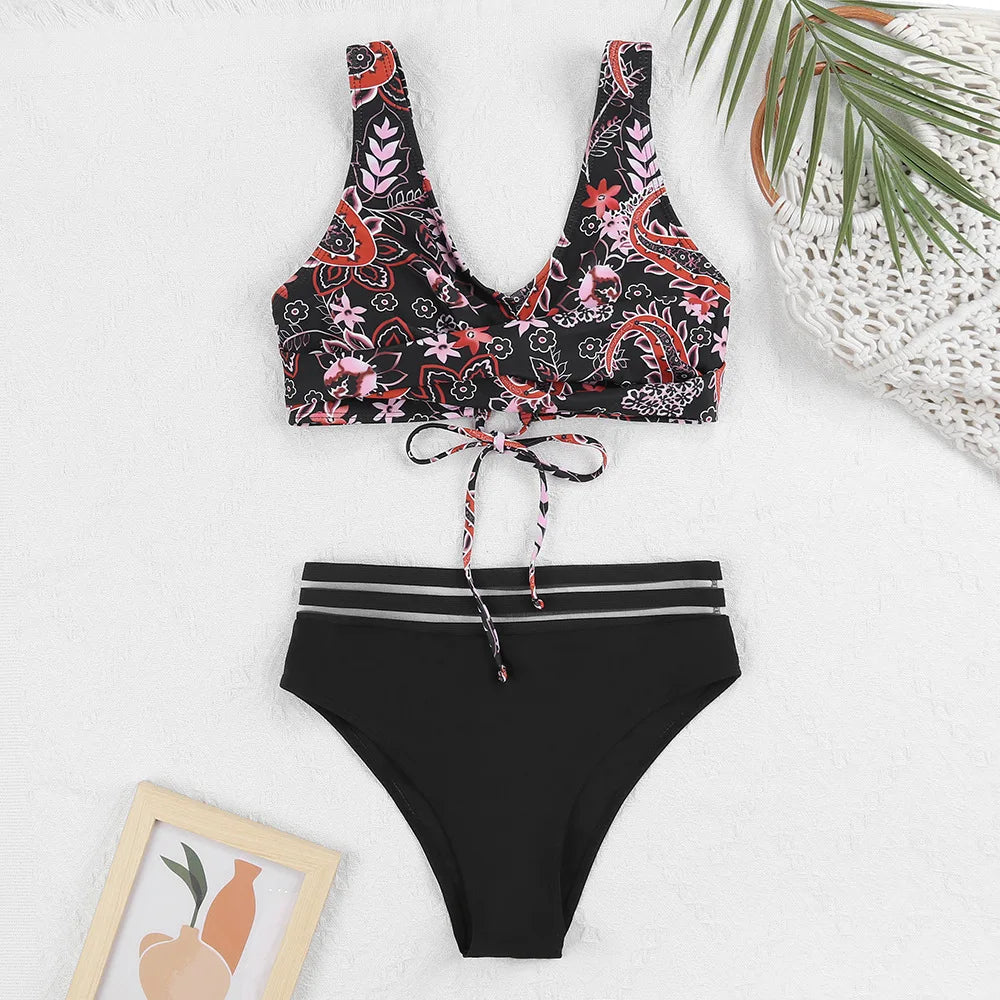 Valenzora | Schnür-High-Waist-Bikini Damen Bademode Damen Badeanzug Gepolstert Push-Up Floral Badeanzug Damen Bikini-Set