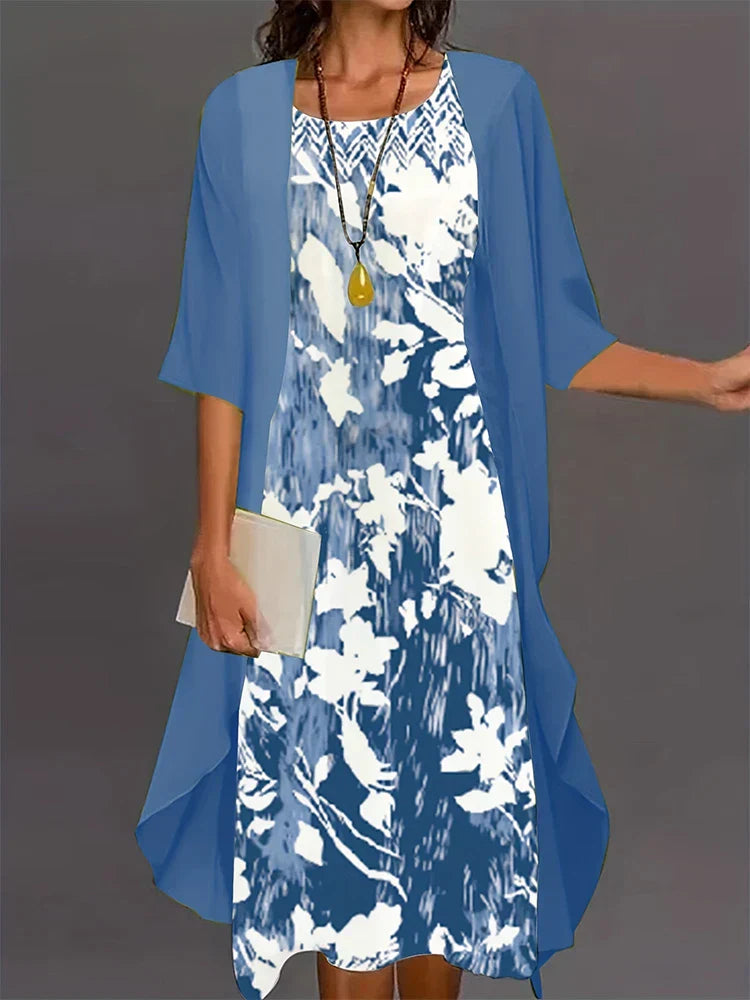 Valenzora | Plus Size Autumn New Women's Floral Pattern Long Dress Printed Pattern Two Piece Dress Round Neck Temperament Elegant Dress