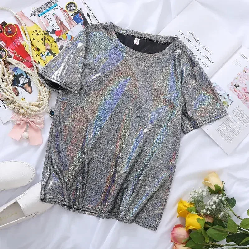 Valenzora | S 5XL Women's Sparkling Shiny Metallic Holographic Round Neck Short Sleeve Casual Loose Top Festival Party T-Shirt Women's Clothing