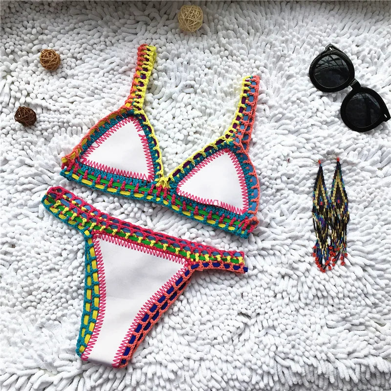Valenzora | Gestrickter 2-teiliger Bikini-Badeanzug für Damen, Sommer Strandurlaub Bademode, Sexy Triangel-Cup V-Ausschnitt Träger Bademode