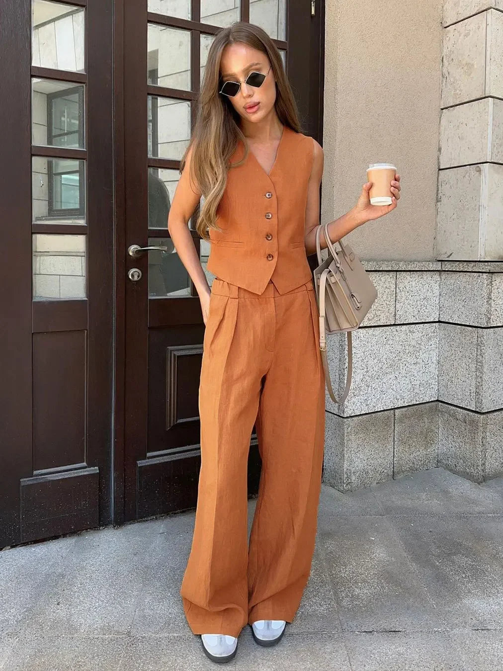 Valenzora | Wool Feeling Women's Linen Cotton Chic Vest & Trousers Set Two-Piece Set Office Women's Summer Chic 2-Piece Set Women's Outfits