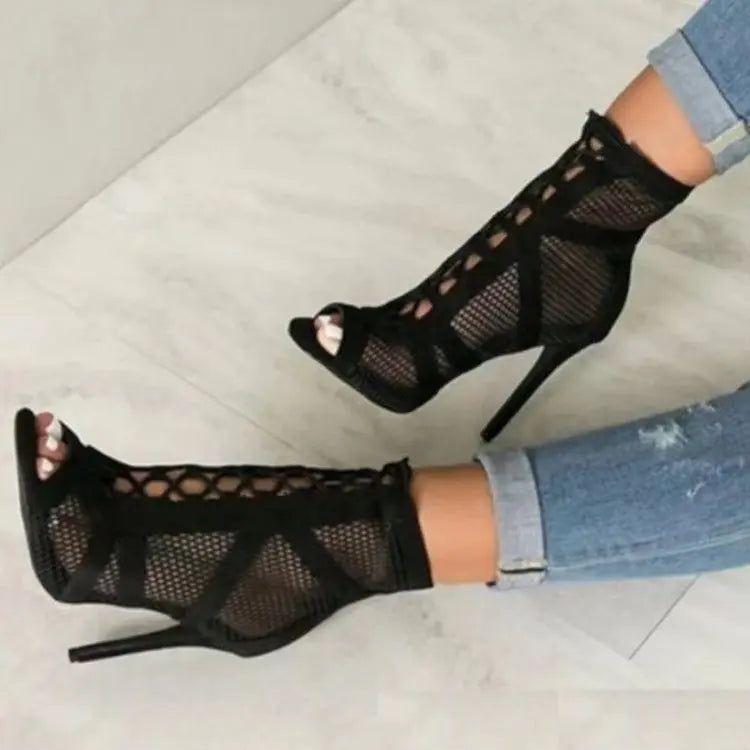 Valenzora | Sandalen Cave Mesh High Heels Gürtelschnalle Damen Sommer Beige Schnürung Sexy Offene Spitze Stiletto Jazz Dance Party Damenschuhe