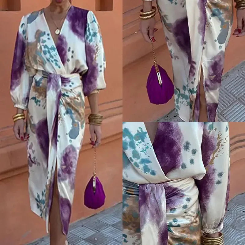 Valenzora | Batik wrap midi dress with puff sleeves